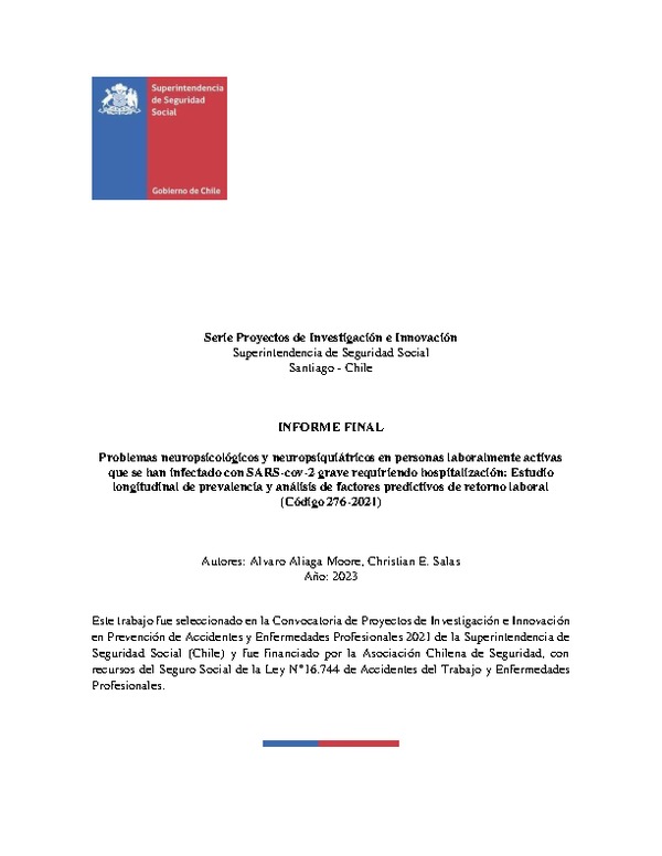 Problemas neuropsicológicos y neuropsiquiátricos en personas laboralmente activas que se han infectado con SARS-cov-2 grave requiriendo hospitalización: Estudio longitudinal de prevalencia y análisis de factores predictivos de retorno laboral